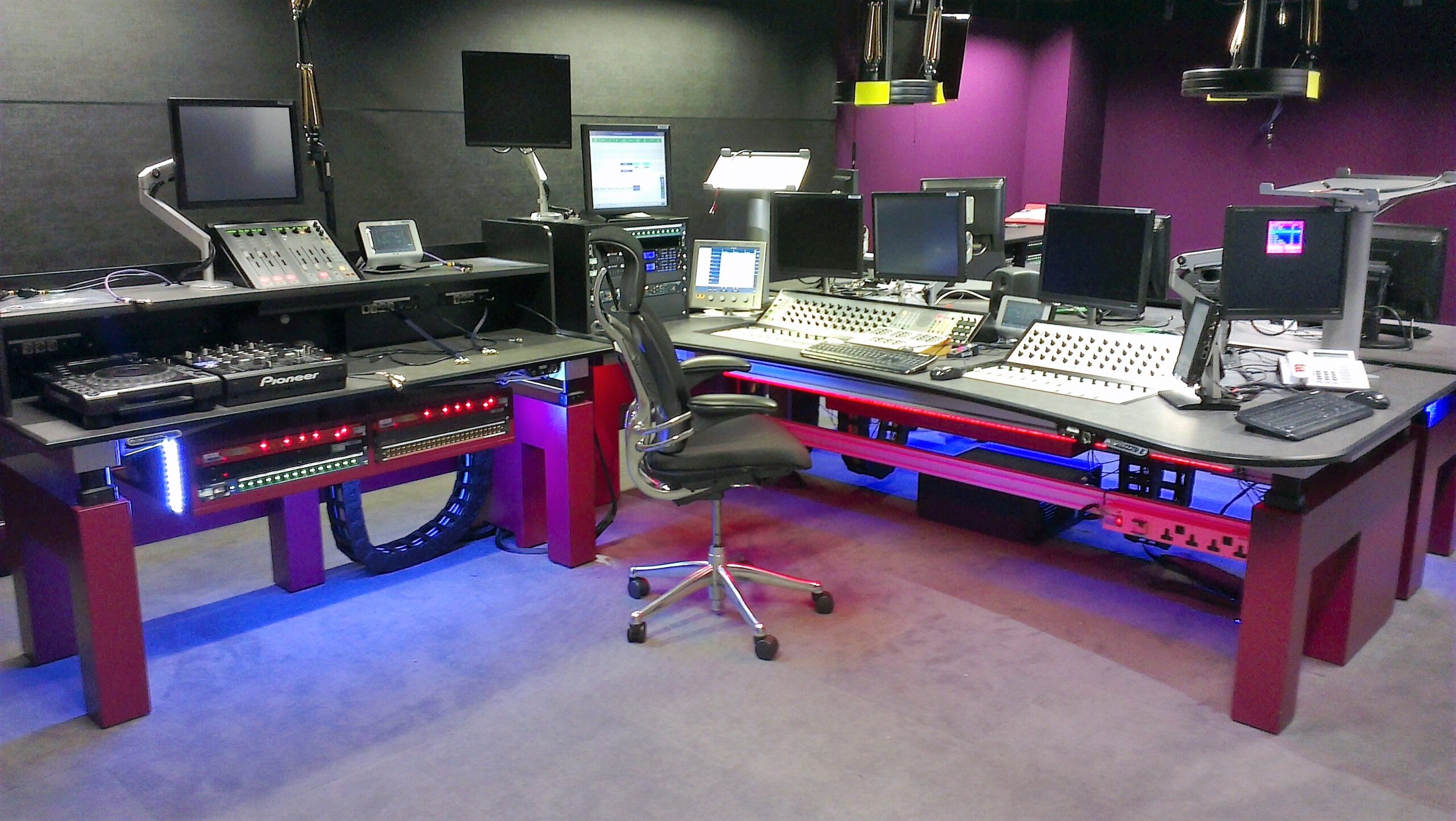 radio studio with custom furniture and LED lighting