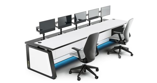 Image of control room console with 5 monitors and two chairs